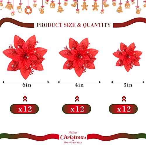 Geosar 36 Pcs Christmas Glitter Artificial Poinsettia Flowers Xmas Poinsettia Artificial Wedding Flowers Decorations Xmas Tree Ornaments with Clips for Party Favors 6 Inch - Image 3