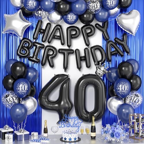 Navy Blue and Black 40th Birthday Decorations for Men,Black Silver Balloons 40 Years Happy Birthdays Balloon Banner Confetti Star Heart Balloons Blue Fringe Curtain for Men Birthday Party Decorations
