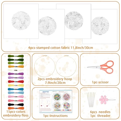 Image of BEUNITONE 4 Set Covered Flower Embroidery Kit for Beginners 7.9 inchx7.9 inch