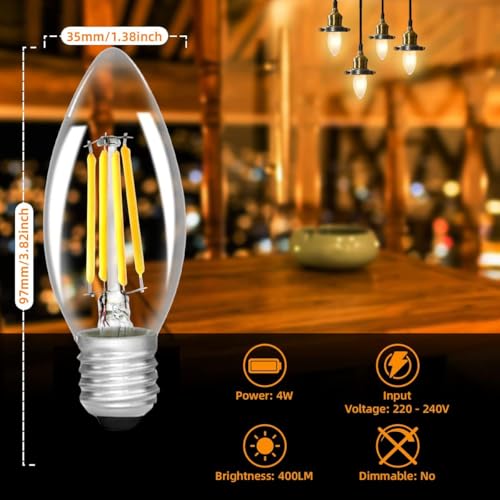 Image of kinis Vintage Style Candle Shape Light Bulbs /Bulb for Wall Light /Bulb for Hanging Light /Bulb for Pendant Light /Bulb for Chandelier /Bulb for Decorative Lights (KIN-C35 Bulb, Pack of 4)
