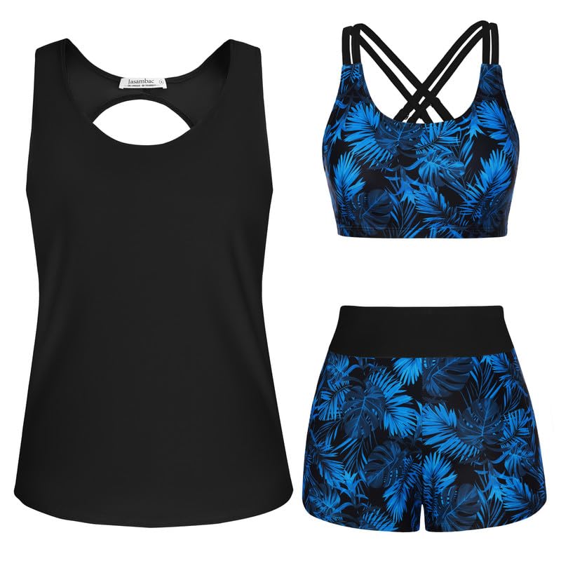 JASAMBAC Tankini Damen Set,3-teiliger Push-up-Bikini Oberteil und High Waist Badeshorts, Einfache Badebekleidung,Damen-Sport-Badeanzug,Bademode für Schwimmbad, Strand