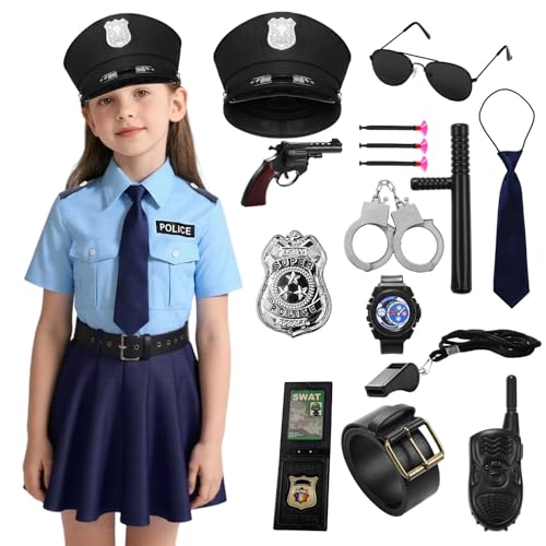 Marypaty Trajes de polícia para crianças disfarce de polícia de luxo disfarces de Halloween menino menina uniforme de polícia acessórios (menina, M)