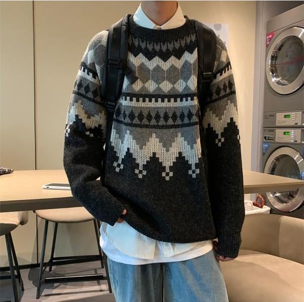 Mens Vintage Striped Sweater Crochet Oversized Grandpa Sweaters Preppy Crewneck Sweatshirts Grunge Knitted Tops3