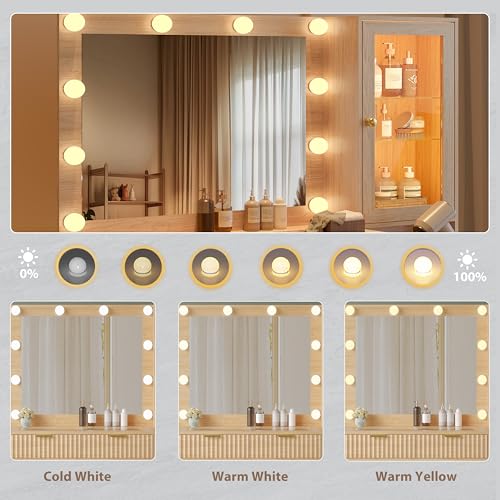 Image of Makeup Vanity Desk with Mirror and Lights, 45 inch Fluted Wood Vanity Desk with Glass Top, 5 Drawers & RGB Glass Cabinet, Power Outlet, Mid Century Modern Dressing Table Set for Women Girls Bedroom