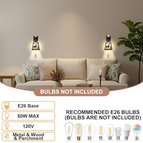 Image of Plug in Wall Sconce,Deer Matte Metal Rustic Wall Sconces,Black Wall Lights,Farmhouse Parchment Paper Shades Wall Sconce Set of Two,Wall Lamps for Bedside,Living Room,Bedroom,Hallway,Bathroom