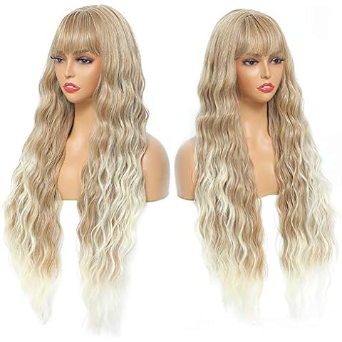 Sylhair Wig with fringe Bangs Long Curly Wavy wigs for Women 30 Inch Middle Part Ombre Color Cover
