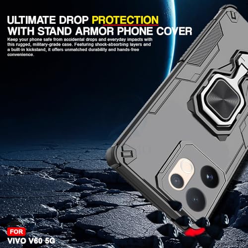 Image of AESTMO Armor Back Cover for Vivo V60 / V60E / T4 Pro 5G | Ring Holder & Kickstand & Camera Protection in-Built | 360 Degree Protection Back Case Cover (Black)