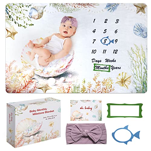 Image of Ocean Themed Baby Milestone Blanket (60"x40"), Multifunctional Monthly Baby Milestone Blanket for Girls -Photo Sessions, Baby's First Year Milestones & Mother's Gift -Soft, Plush Milestone Blanket