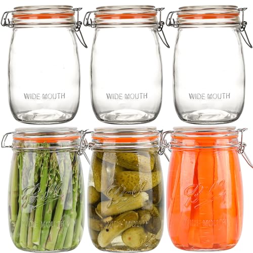 Qeisia 32oz Wide Mouth Mason Jars (6 Pack) – Reusable Airtight Glass Storage Jars with Hinged Lids, BPA-Free, Dishwasher Safe, Perfect for Canning, Pickling, Coffee & Fermenting
