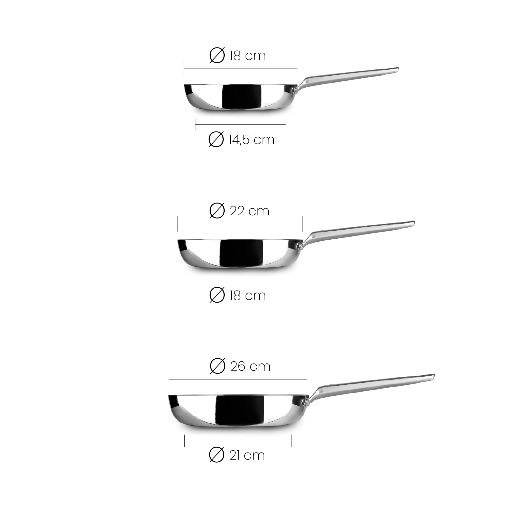 IBILI - Set de 3 Sartenes 18-22 y 26 cms, 5 capas, 5ply Element, Acero inoxidable, Apto para induccion, sin antiadherente, Juego de 3 sartenes