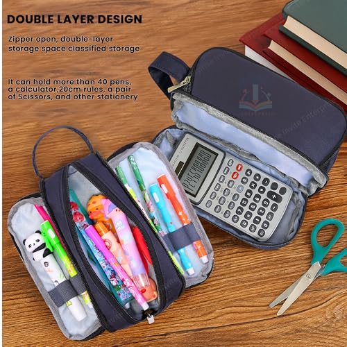 Image of Large Capacity 4 Compartment Pencil Case with Handle | Aesthetic School Pouch for Girls & Boys | Blue Space Eraser Included | Stationery Organizer for School, College & Office(Black Pouch + Eraser)