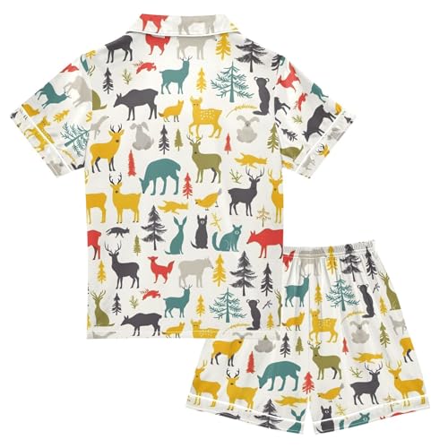 ALAZA Deer Fox Rabbit Tree Pajamas Satin Pajama Set Short Sleeve Button Down Sleepwear2
