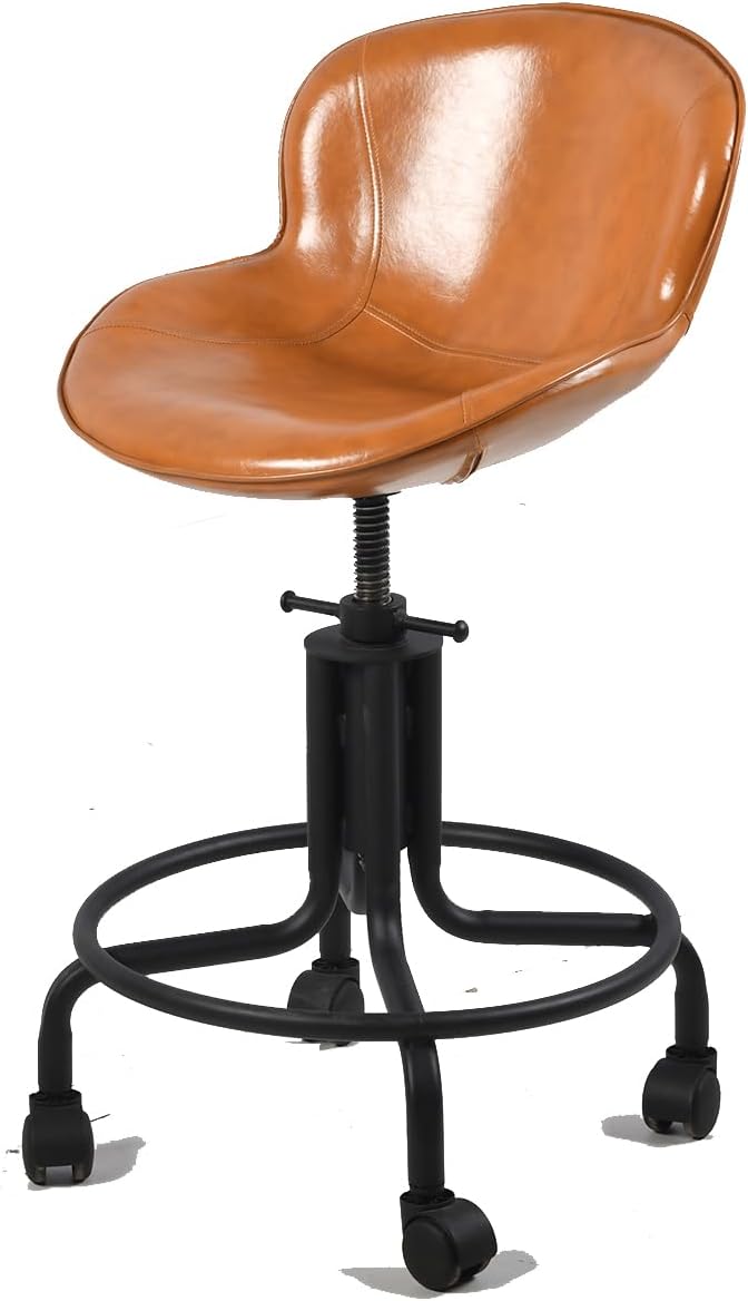 Topower Antique Industrial Design Metal Adjustable Height Kitchen Dining Breakfast Chair Industrial Style Bar Stool with Wheels, Fully Welded, Cinnamon PU Leather Seat