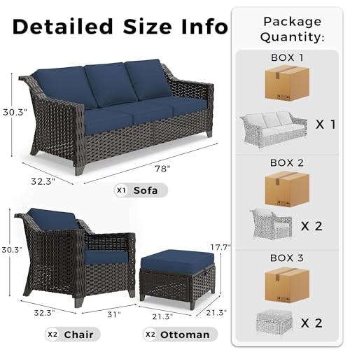 Image of 5 Piece Patio Furniture Set, Wicker Outdoor Conversation Set | Patio Chair Set with Olefin Removable Cushion, All-Weather Outdoor Couch with Deep Seat for Porch, Deck and Backyard, Blue
