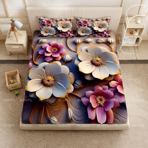 Image of RUMPS 3D Digital Printed Double Bedsheet Flat | Premium Knitted Cotton MicroFabric 90x100 Inch Bed Sheet with 2 Pillow Covers, Cute Cartoon Blue Bird (7D Digital bedheet 02)