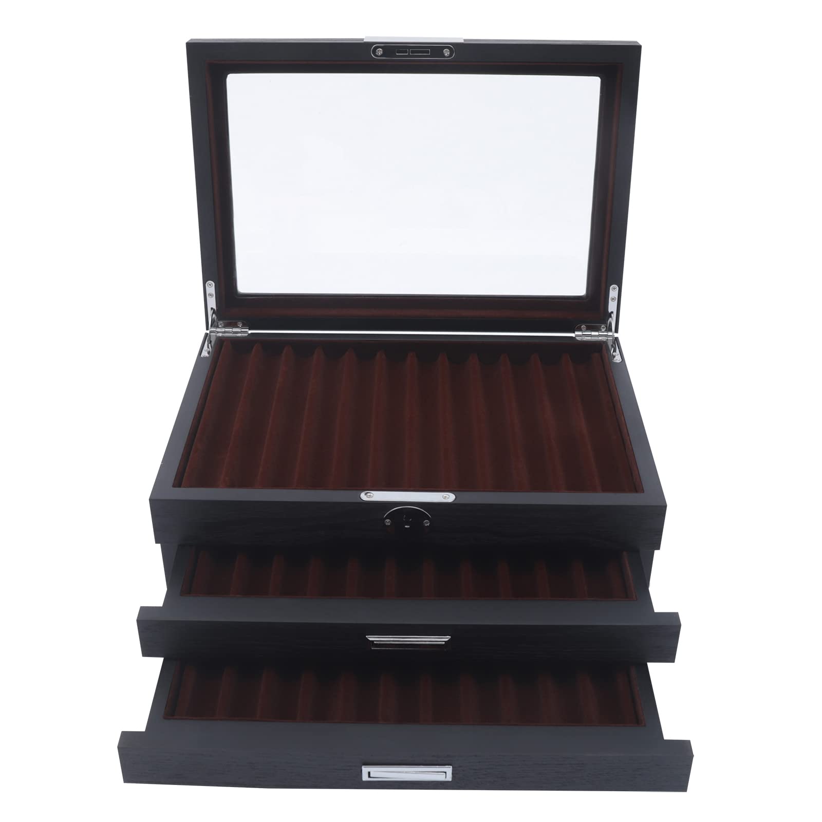 Stifthalterbox aus Holz 34 Slots Stiftebox Stifte Sammelbox mit Vitrine 3 Schichten Füllfederhalter Organizer Box Schwarz