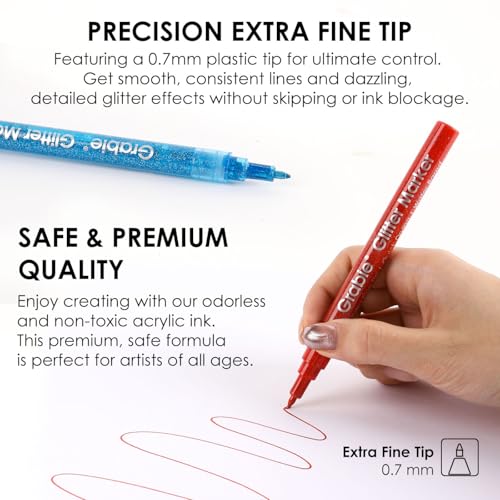 Image of Grabie Black & White Extra Fine Tip Acrylic Paint Marker Set, 6 Pack, 0.7mm Acrylic Paint Pens for Highlights and Fine Details on Drawings, Rock Painting Glass Canvas Wood (24 Glitter Colors)