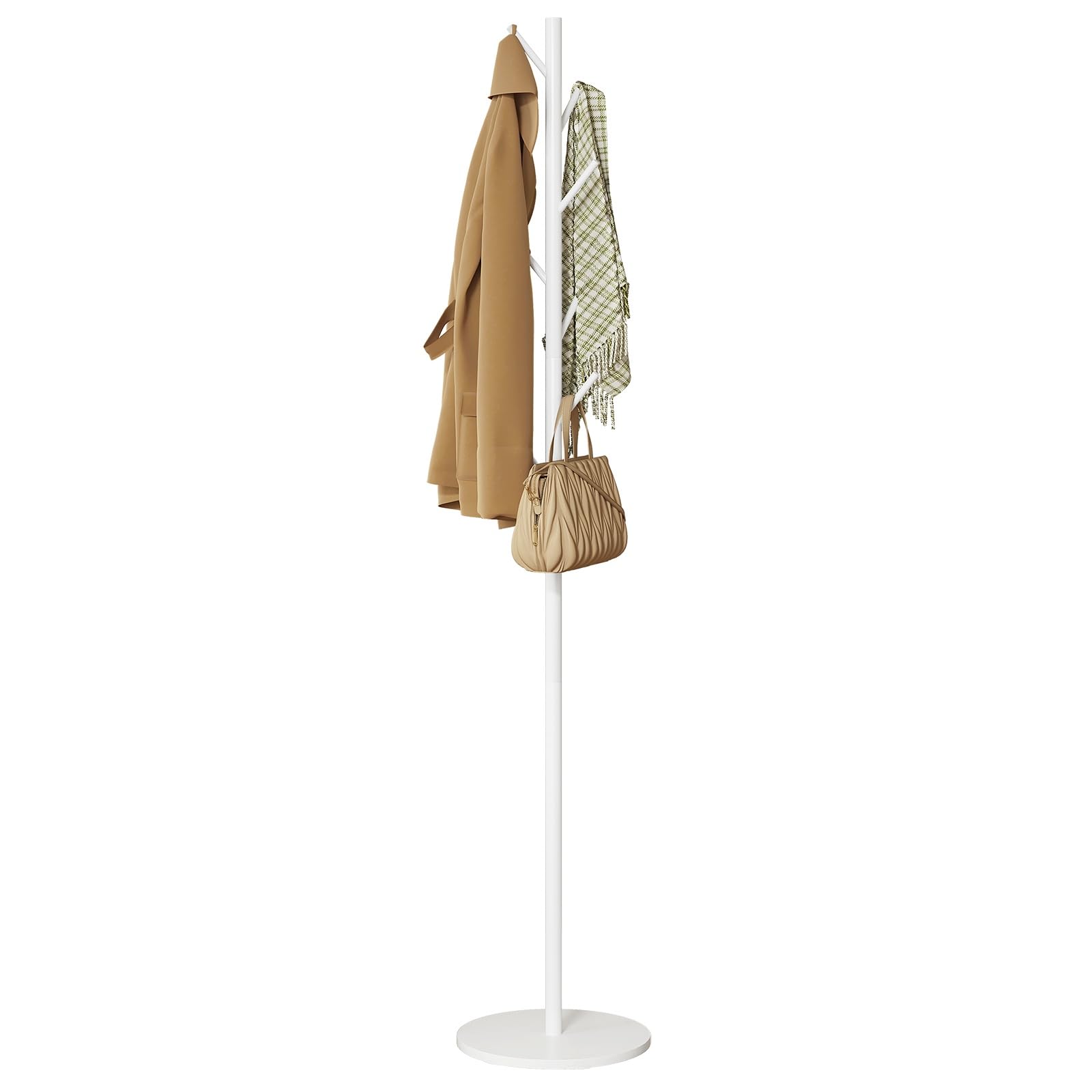 eSituro Appendiabiti, Attaccapanni in Metallo con 8 Ganci, Appendiabiti da Terra a Forma di Albero con Base in Marmo, Portabiti Indipendente Bianco per Soggiorno/Camera da Letto/Corridoio, 32x32x172cm