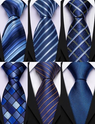 Image of Barry.Wang Mens 6 PCS Ties Silk Striped Paisley Check Floral Necktie Silky Woven Wedding Business Party Ties 3.34 inch