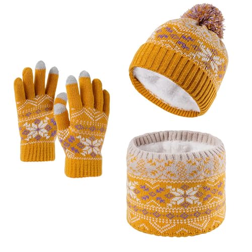 Kids Winter Hat Gloves Scarf Set for Boys Girls 4-10 Years Fleece Lined Pompom Beanie Touchscreen Mittens Neck Warmer