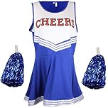 Cherry-on-Top Cheerleader Fancy Dress Outfit Uniform High School Costume With Pom Poms Blue Cheerleader, Medium