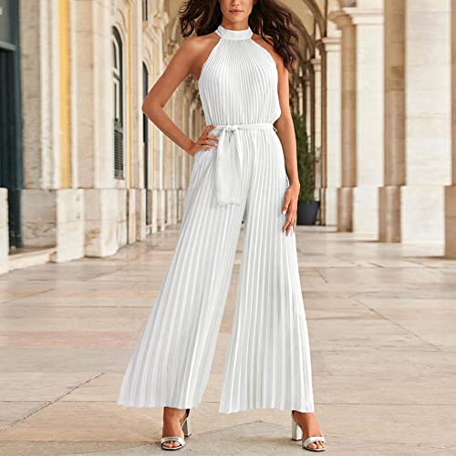 Abociw Women Summer Halter Neck Sleeveless Pleated High Waist Belted Dressy Wide Leg Pant One Piece Jumpsuits Long Pants Romper For Bridal Wedding Formal Cocktail Evening Party White S #TOP1