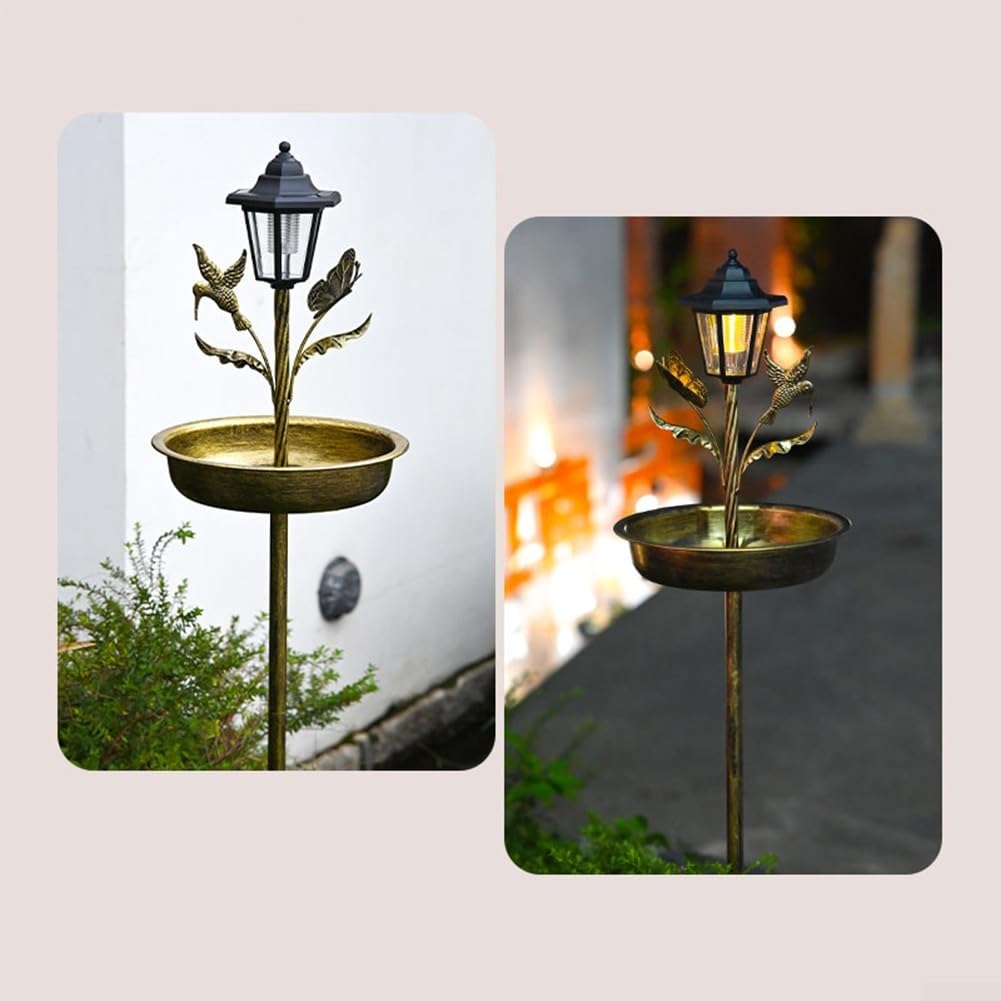 Mangiatoia solare per uccelli e vasca da bagno, con luce automatica, in metallo robusto, decorazione da giardino, per cortile, fauna selvatica, finitura marrone, altezza 104 cm (antico)