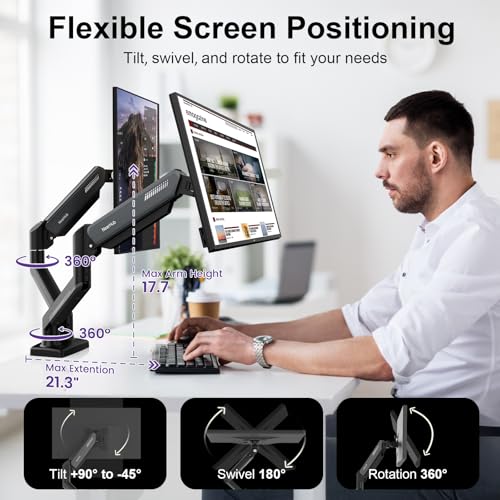 Image of NearHub Dual Monitor Mount for Computer Screen 13-32 inch and Up to 22 lbs,360 Rotation,+90 to -45 Tilt,180 Swivel,with C Clamp and Grommet Base,Integrated Cable Management,75x75 /100x100 VESA