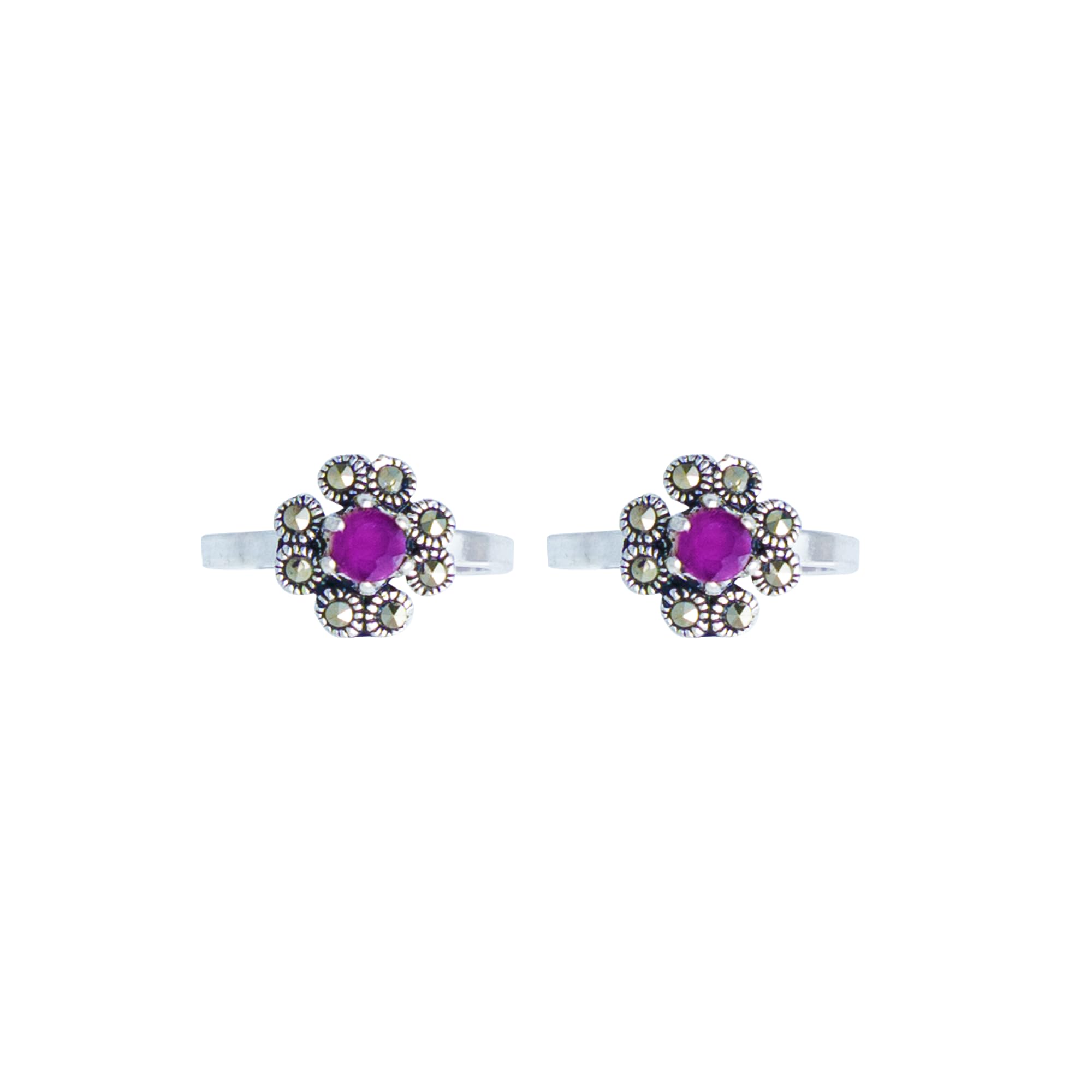 tvisva jewels Sterling Silver Adjustable Toe Rings for Women & Girls | Oxidized Floral Design with Pink Stone-picture-10