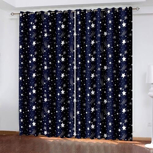 Musihy Cortina opaca para dormitorio, 54 x 72 pulgadas, patrón de estrellas universales, oscurecimiento de habitación y ahorro de energía para dormitorio/cocina, azul marino y blanco
