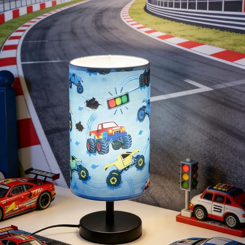 Monster Truck Room Decor Car Lamp 3 Colors Nightstand Light Round Base Flaxen Fabric Desk Lamp for Kids Room Racing Car Gift for Boys (LED Bulb Included)