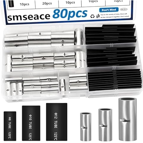smseace 80pcs 4/6/8AWG Non Insulated Butt Connectors Kit with Heat shrinkable Tube for Wiring AWG4/6/8 Pure Copper Butt Splice Connectors for Automotive, Marine and Industrial Applications Cover