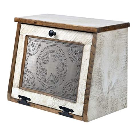 AMISH VALLEY PRODUCTS Rustic Wood Bread Box Large Kitchen Counter Storage Punched Star Tin Primitive décor Interior Shelf Wooden Country Farmhouse Breadbox (Country White) Cover