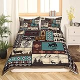 Feelyou Deer Bear Wolf Duvet Cover Queen Size Rustic Cabin Comforter Cover Wolves Howling Bedding Set Wild Animal Bedspread Cover for Kids Boys Girls Adults with 2 Pillow Case