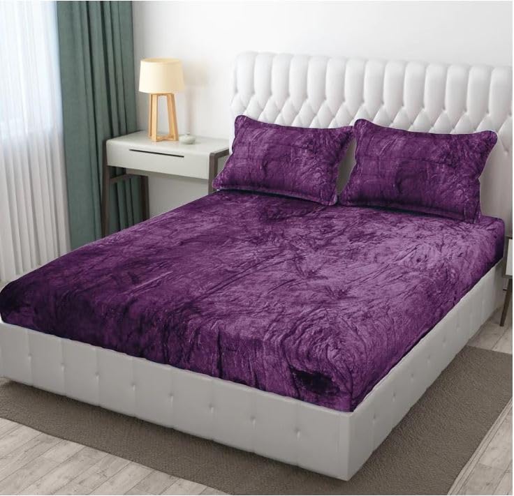 D IMPORTS Velvet Warm Winter Solid Flannel Elastic Fitted Bedsheets for Double Bed King Size 90x100 inches with 2 Pillow Covers | Double Bed Warm Bedsheet with Elastic (Purple Wine)