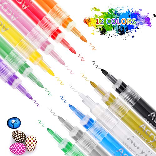 Acrylstifte Marker Stifte, 12 Farben Premium Wasserfest Paint Marker Set für Steine Bemalen, Acrylfarben Stifte für Kinder DIY Keramik Glas Porzellan Metall Kunststoff Holz Leinwand (0.7-3mm)