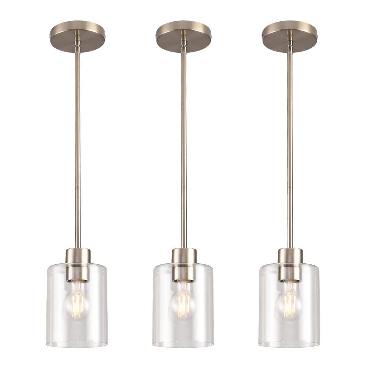 Photo 1 of KLSS Brushed Nickel Pendant Lights Kitchen Island - Clear Glass Pendant Light Fixture Multiple Stems Rods 3 Units 12 Inch 3 Units 4 Inch (3 Pack Brushed Nickel)