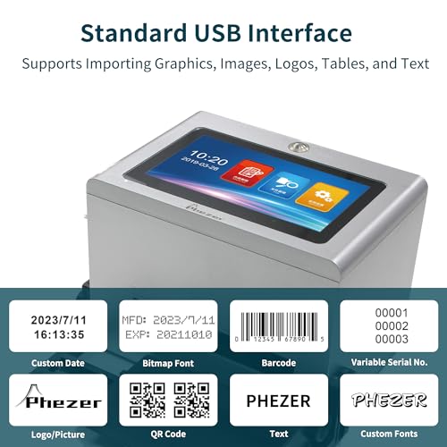 Image of Phezer Automatic Continuous Inkjet Coding Machine for Small Business with Original Quick-Drying Ink Cartridge, Intelligent Printer for Production Date /Time /Barcode /QR Code /Logo (5-Inch Touch Screen)