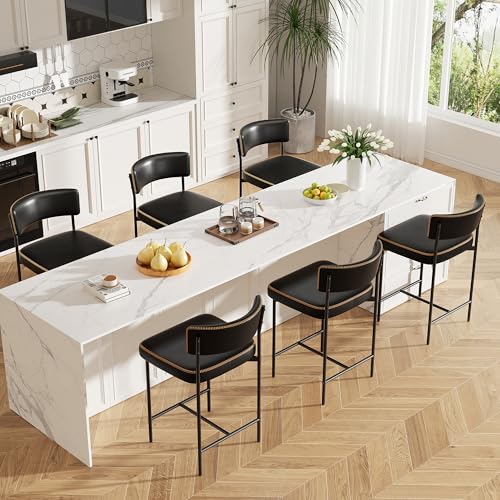 Image of Bar Stools Set of 6, Faux Leather Counter Height Barstools with Curved Back, 25 Inch Upholstered Bar Chairs, Modern Counter Stools for Kitchen lsland, Black