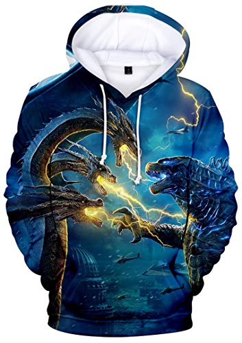 Silver Basic Unisex 3D Pullover Stampato Godzilla King of The Monsters Felpa con Cappuccio Manica Lunga Casual,Blu 3514-1,M