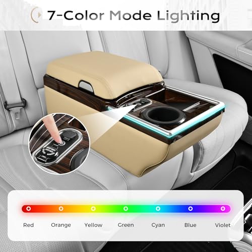 Image of Coverado Center Console, Universal Bench Seat Center Console with Wireless Charging & Cup Holder & 7 Light Modes, Truck Back Seat Car Organizer, Rear Central Car Armrest Box with Storage, Beige
