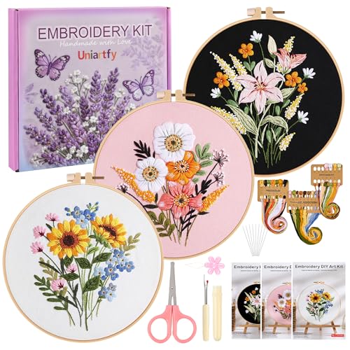 Image of Uniartfy 3 Sets Embroidery Kit for Adults, Flower Pattern Embroidery Practice Kits for Beginners, Needlepoint Cross Stitch Kits Include Hoop, Colorful Threads, Tools, Easy to Learn Video & Instruction