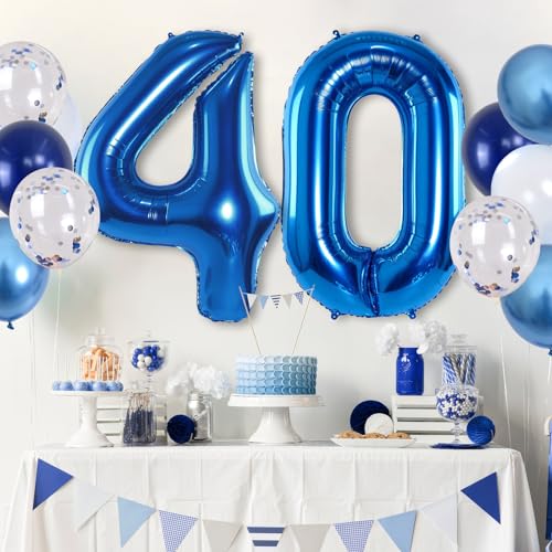 Image of Large Foil Number 40 Balloons, Big Light Navy Blue 40 Helium Balloon with Metallic Silver Confetti Balloon for Men 40th Birthday Party Decor, Mylar Self Inflating 40 Balloon for Graduation Decorations