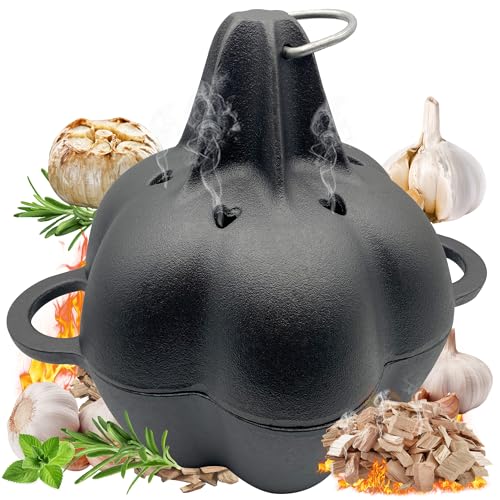 AOKDEER Garlic Roaster & Smoker Box for Grill Oven All-Season Cast Iron Steamer Pot Perfect for Oven and BBQ for Smoky Flavorful Vegetables Meats or Wood Chips Garlic Potato Cooker