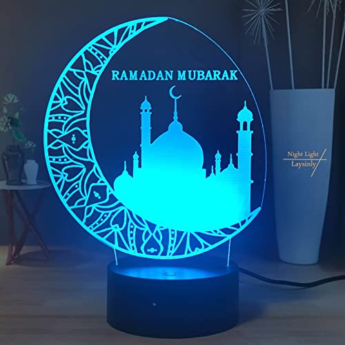 Laysinly Ramadan 3D Night Light Mubarak Islam Muslim Church Desk Lamp 16 Colors Change Decoration Light Remote Control Led Night Lamp For Bedroom Living Room Eid Al-Fitr Party Light (Moon) #TOP7