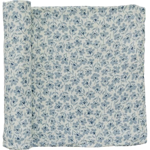 Image of Mebie Baby Blue Blossom Muslin Swaddle, Modern and Neutral Blanket for Baby Girl or Boy, 0-3 Month, Comfy Wrap