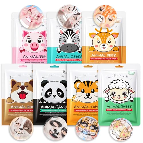 Shefave Tuchmasken Gesicht Maske mit Tiermotiv, 7PCS Straffende Gesichtsmasken Set für Teenager, Beruhigend Face Mask, Niedliches Adventskalender Gesichtsmasken, Korean Skincare Party