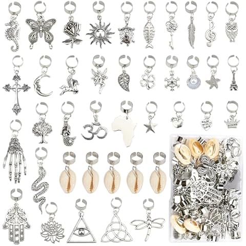 JALANCY 40 Pcs Locs Hair Jewelry Braids Hair Clips Adjustable Hair Cuffs African Style Dreadlocks Hair Beads Butterfly Shell DIY Hair Pendant Charms Hair Decoration for Locs Accessories (Silver) Cover