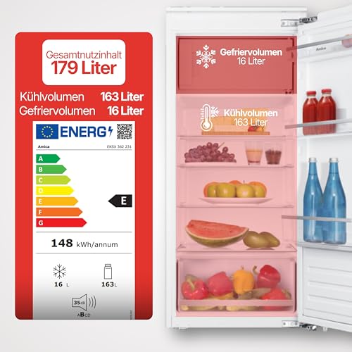Amica Einbau‑Kühlschrank mit Gefrierfach Festtür‑Technik 1220 mm Nische elektronische Steuerung Inverter‑Motor LED Beleuchtung 122,1 x 54 x 54 cm – Einbau Kühl Gefrierkombination