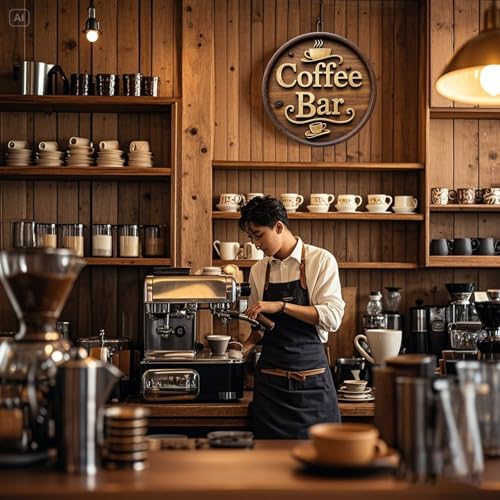Image of Wooden Coffee Bar Sign Decor - Vintage Wall Decor & Coffees Station Accessories for Kitchen, Home, Office, Cafe - Housewarming Gift (Coffee Bar Sign)
